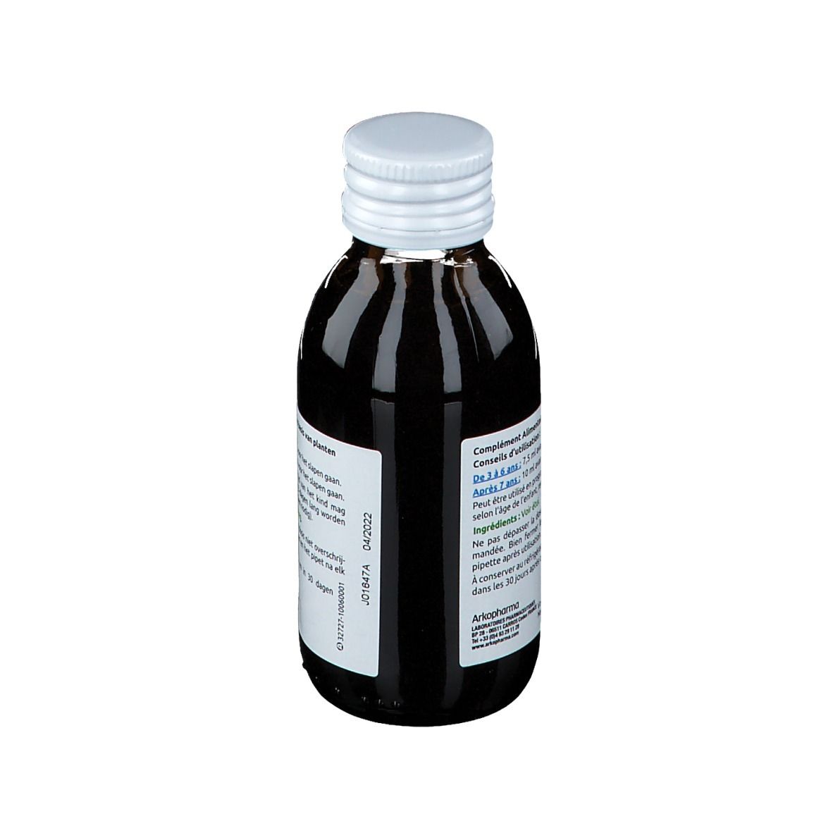 Vue latérale d'une bouteille de liquide brun. Étiquette avec informations et certification AB.