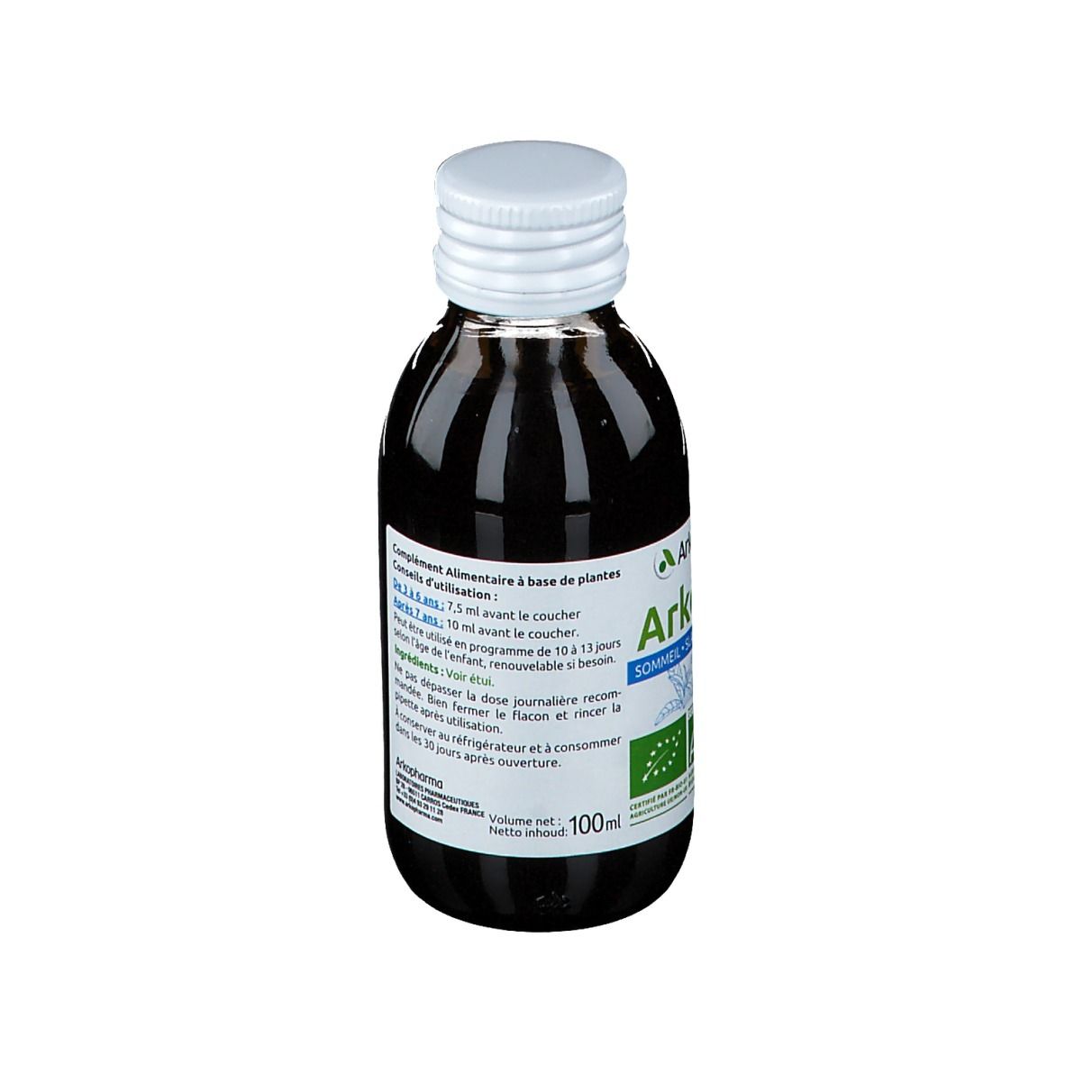 Bouteille de liquide brun. Étiquette avec informations, certification AB et indication de volume.
