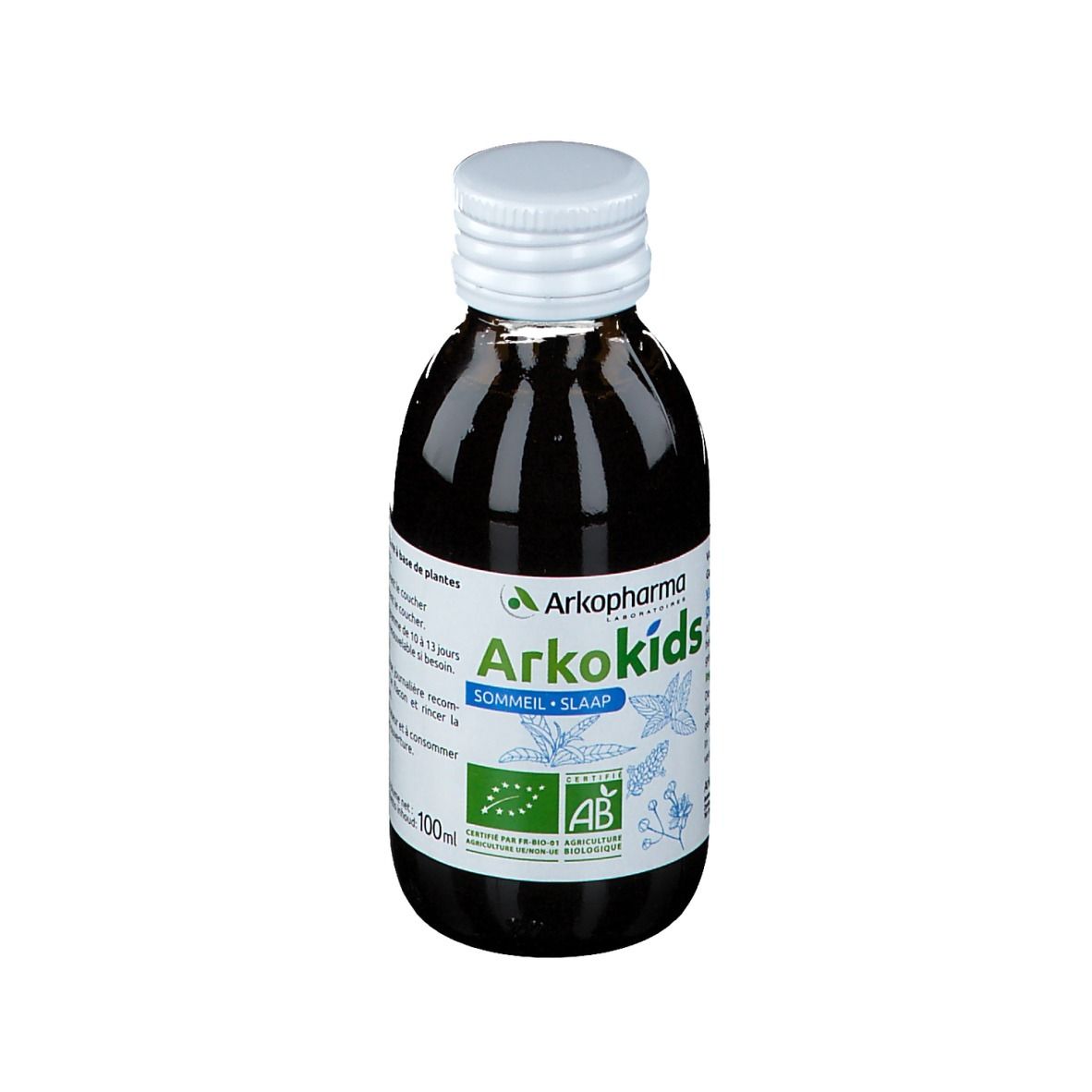 Bouteille de liquide brun. Étiquette Arkokids, certification AB et indication de volume.