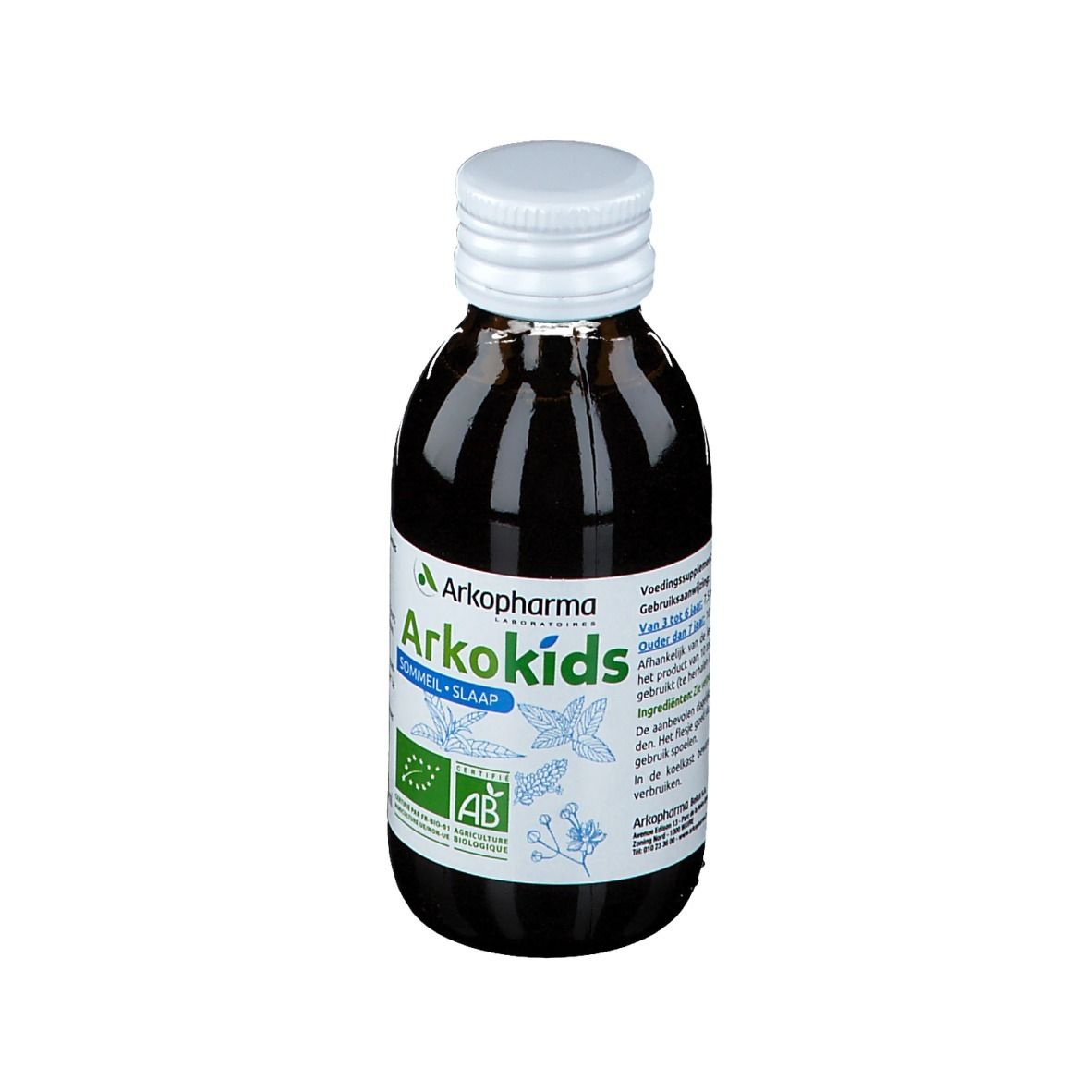 Bouteille de liquide brun. Étiquette Arkokids, certification AB et informations produit.