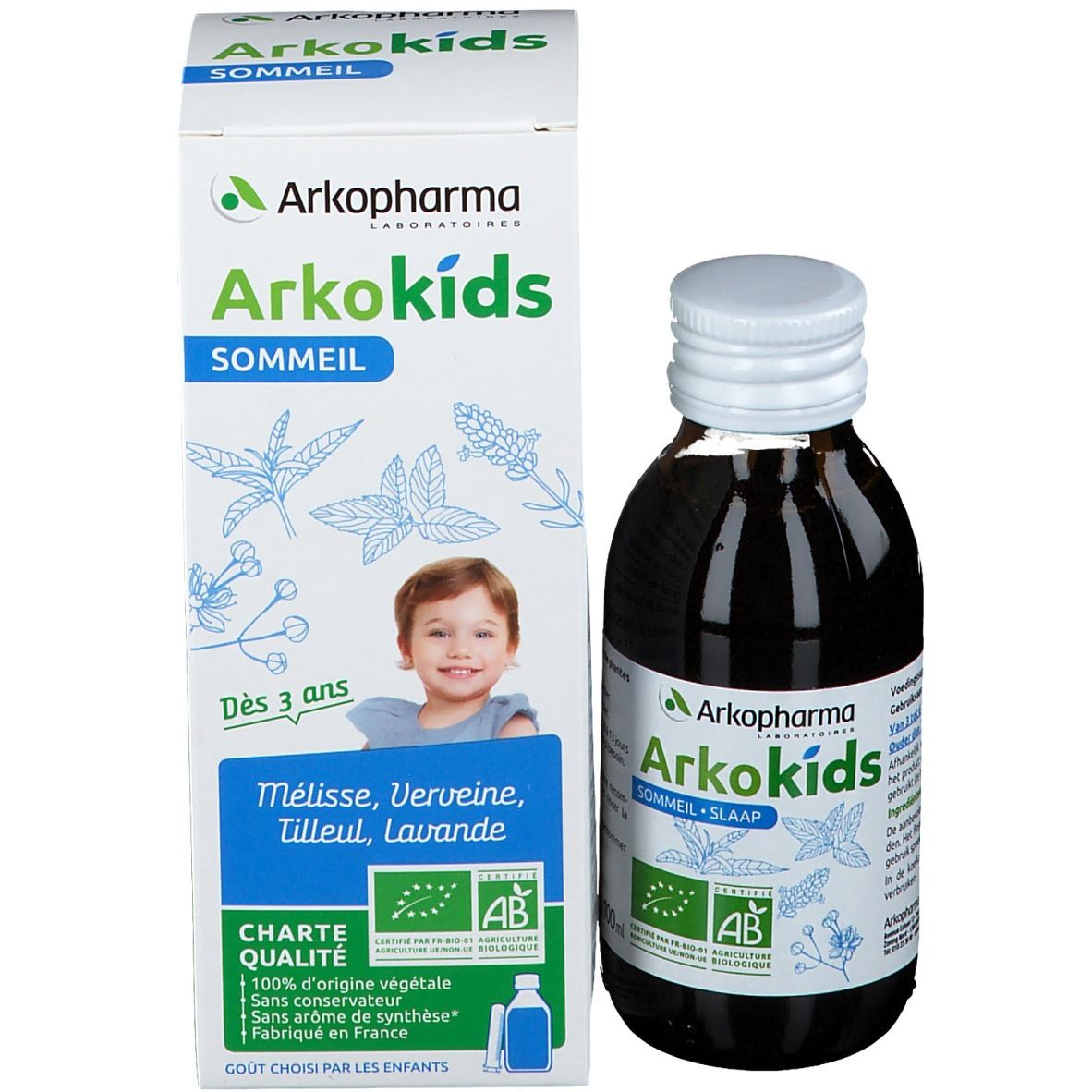 Bouteille et emballage. Emballage avec logo Arkokids, enfant et informations produit.