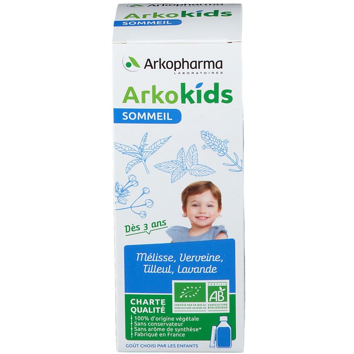 Emballage avec logo Arkokids, enfant et informations produit. Contient certification AB.