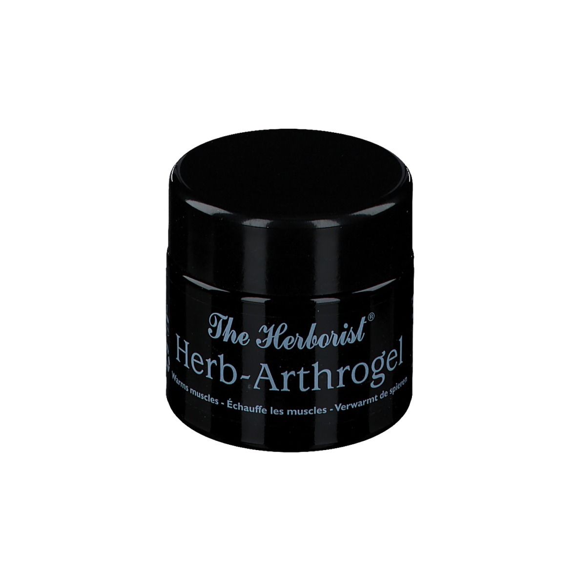 Schwarzes Tiegel mit weißer Schrift. Aufschrift: The Herborist Herb-Arthrogel. Erwärmt Muskeln.