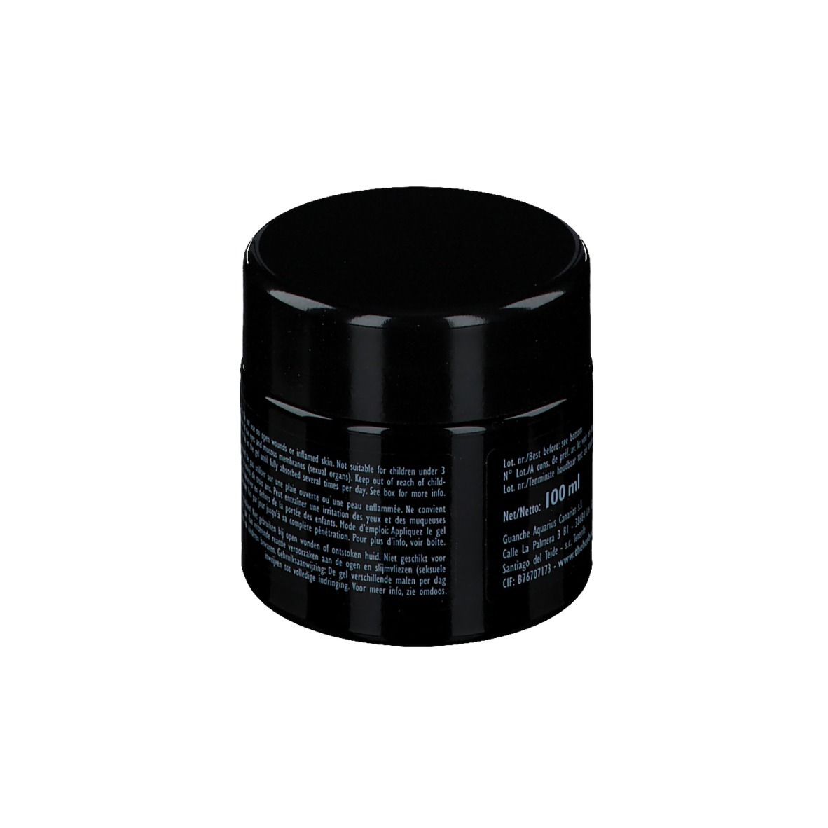 Schwarzer Tiegel mit weißer Schrift. Aufschrift: The Herborist Herb-Arthrogel. Text und 100 ml.