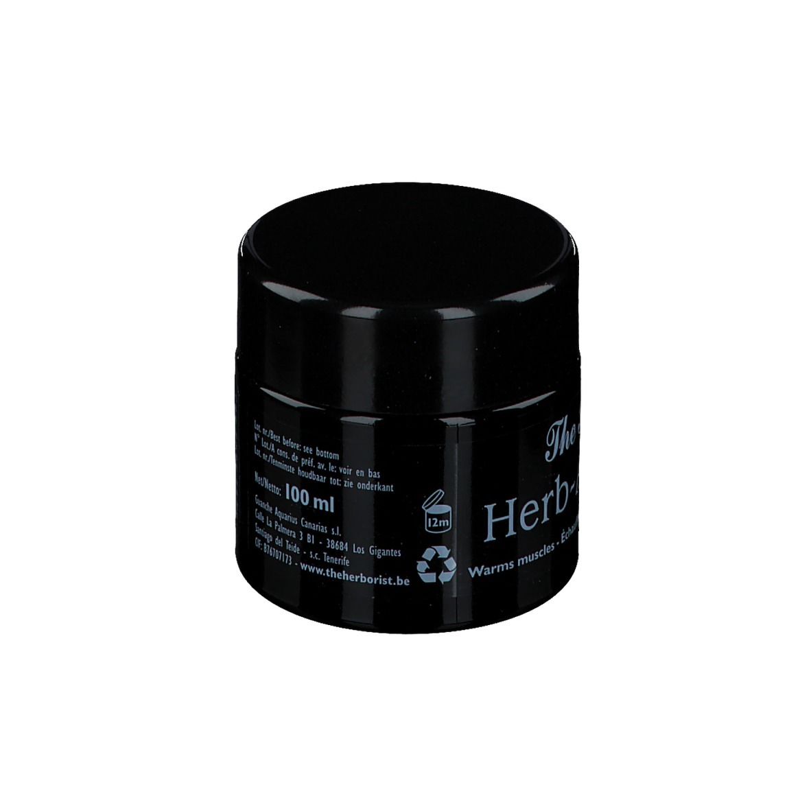Schwarzer Tiegel mit weißer Schrift. Aufschrift: The Herborist Herb-Arthrogel. Text und 100 ml.