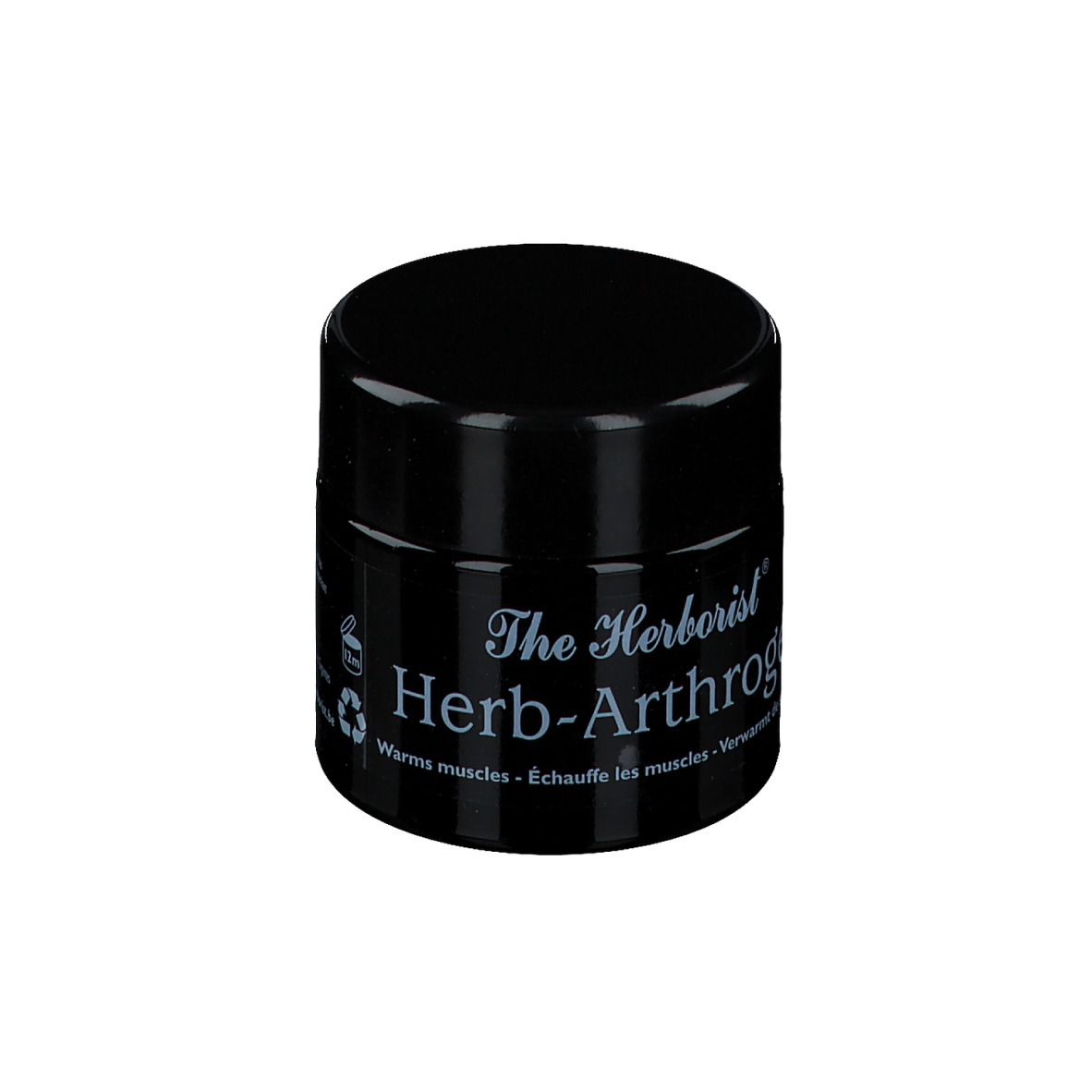 Schwarzer Tiegel mit weißer Schrift. Aufschrift: The Herborist Herb-Arthrogel. Erwärmt Muskeln.
