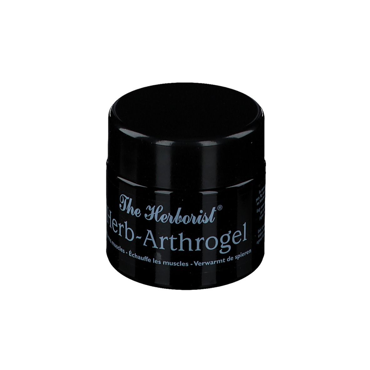 Schwarzer Tiegel mit weißer Schrift. Aufschrift: The Herborist Herb-Arthrogel. Erwärmt Muskeln.