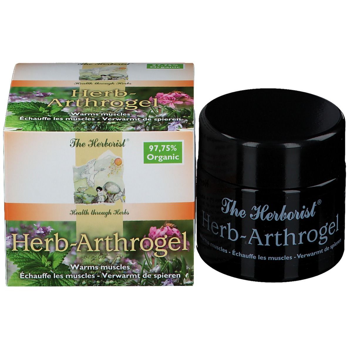 Produkt und Verpackung. Schwarzer Tiegel und Karton mit Aufschrift Herb-Arthrogel. 97,75% Organic.