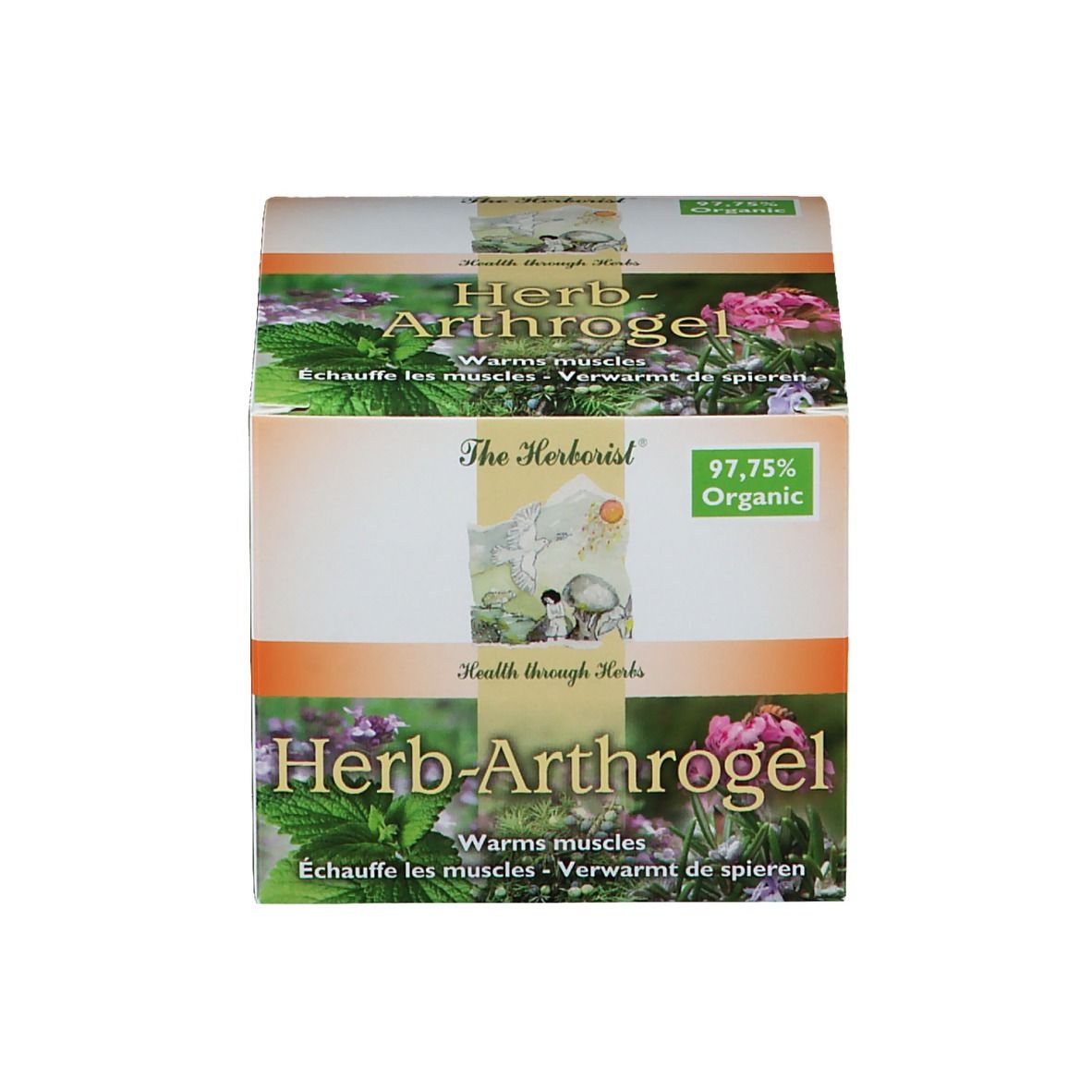 Karton mit Aufschrift Herb-Arthrogel. 97,75% Organic. Abbildung von Kräutern und Blumen.
