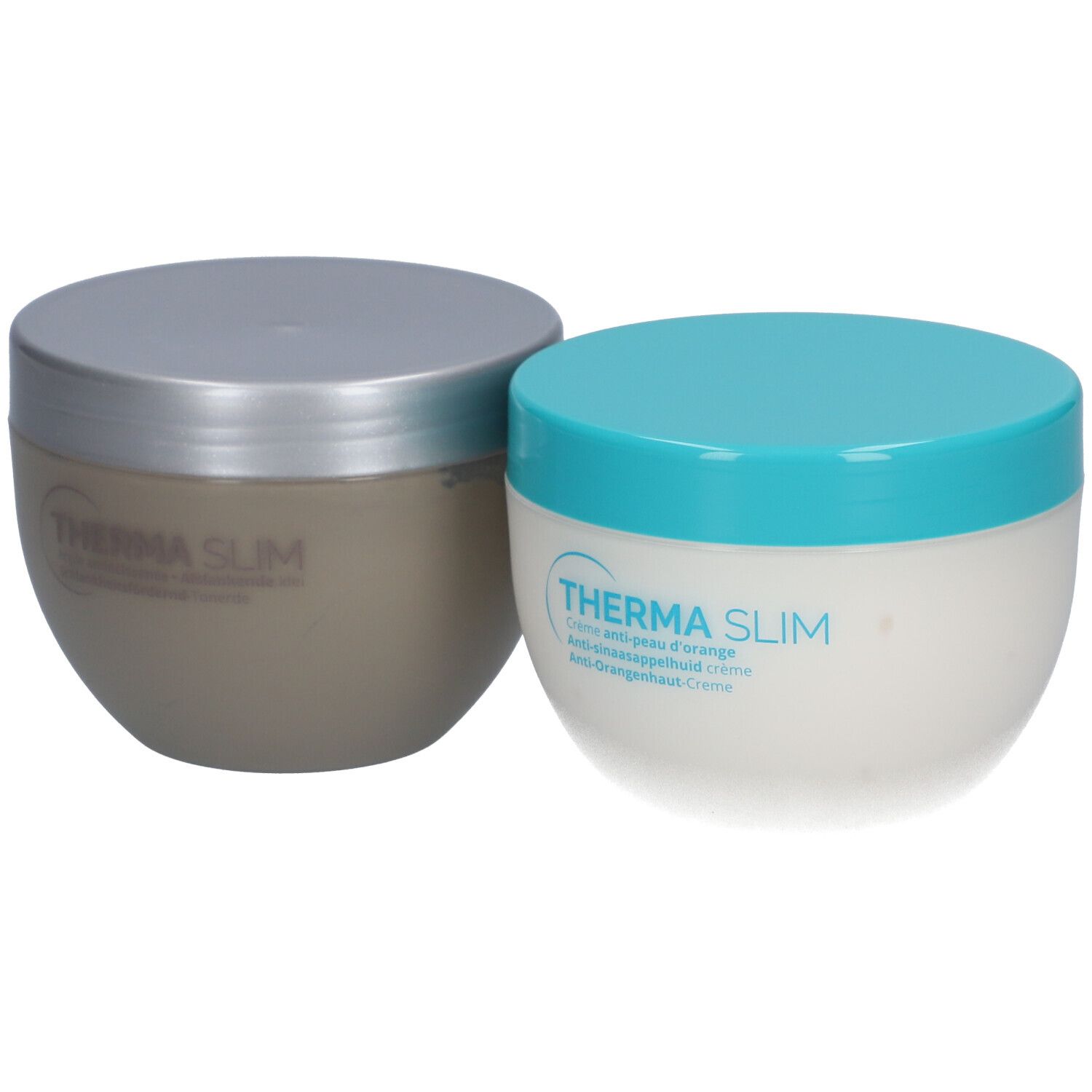 Twee crèmepotten met deksels. Eén grijs, één wit met blauw deksel. Opschrift: Therma Slim.