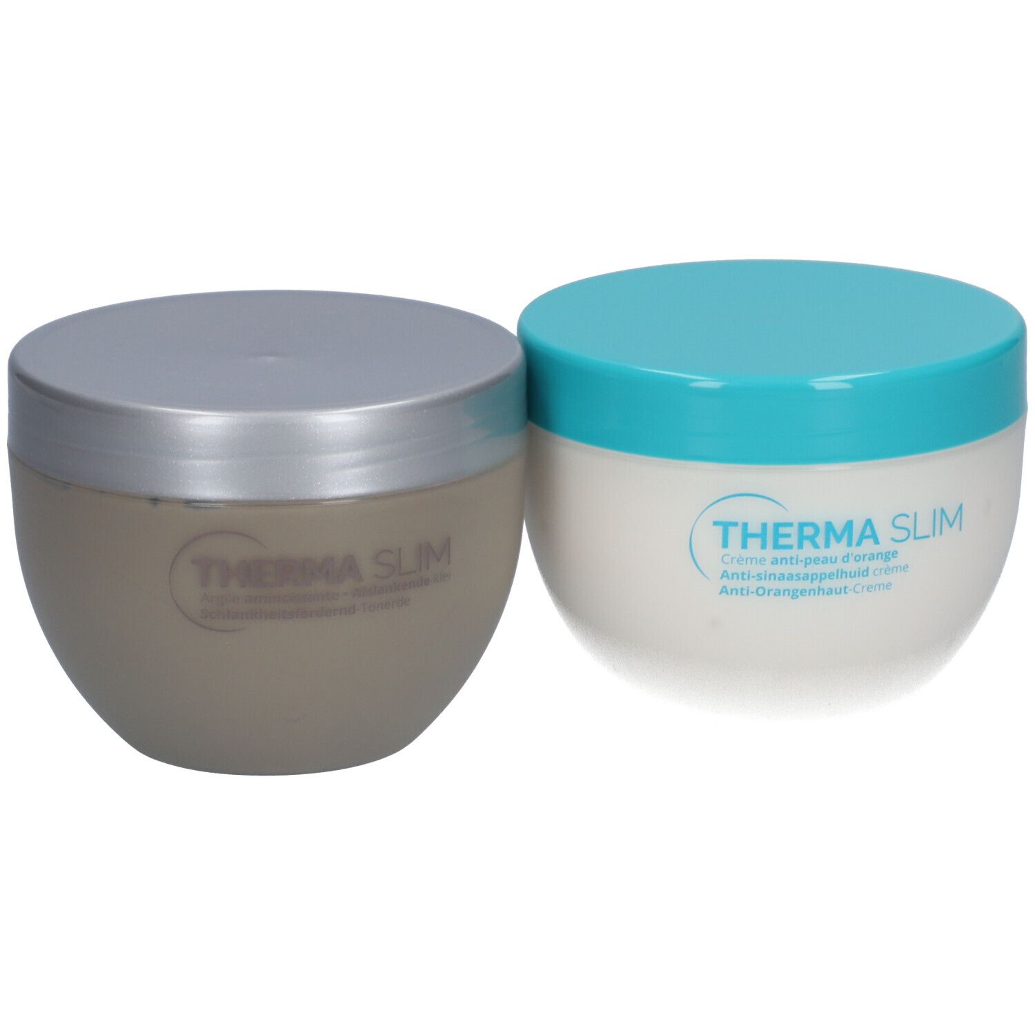 Twee crèmepotten met deksels. Eén grijs, één wit met blauw deksel. Opschrift: Therma Slim.