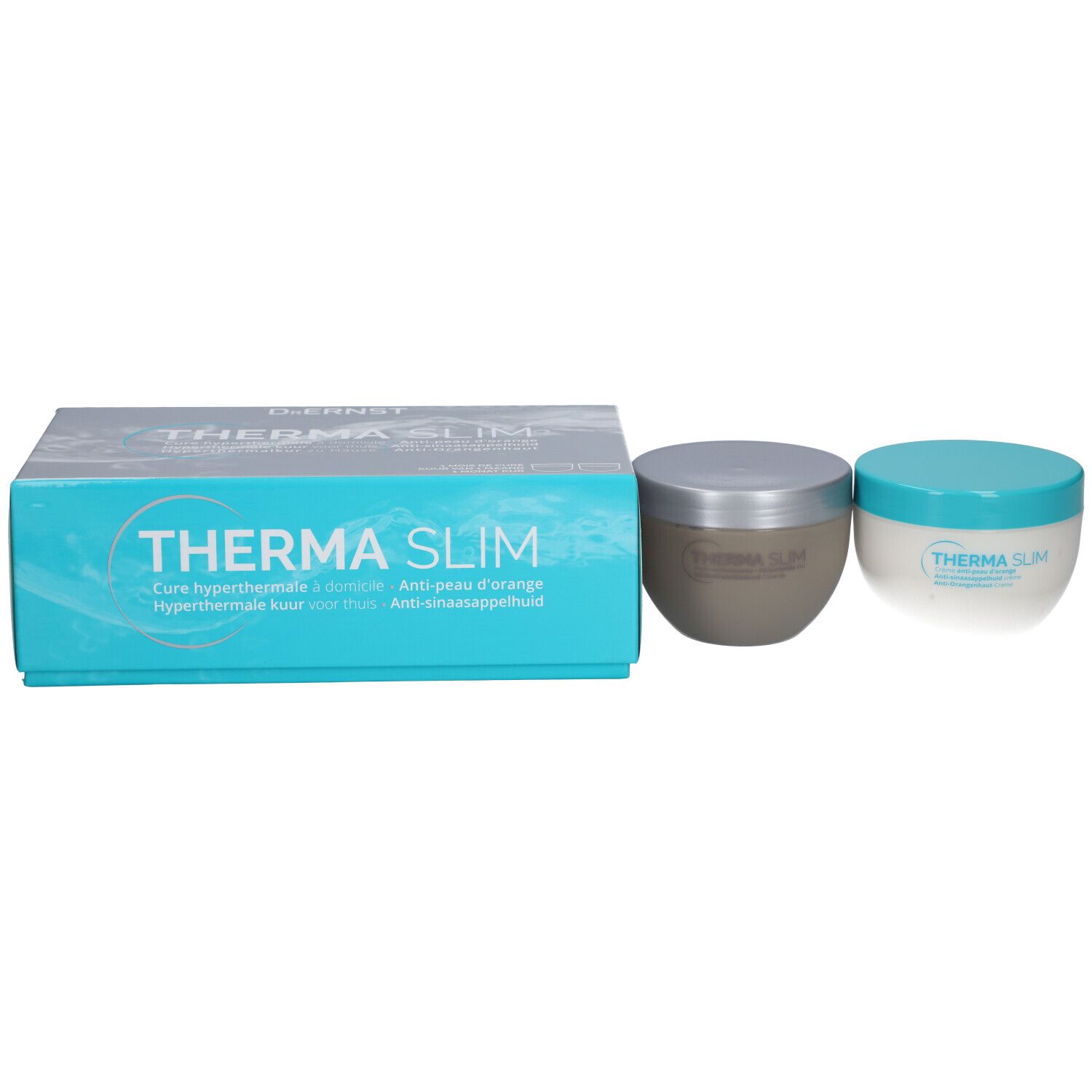 Productverpakking en twee crèmepotten. Opschrift: Therma Slim.