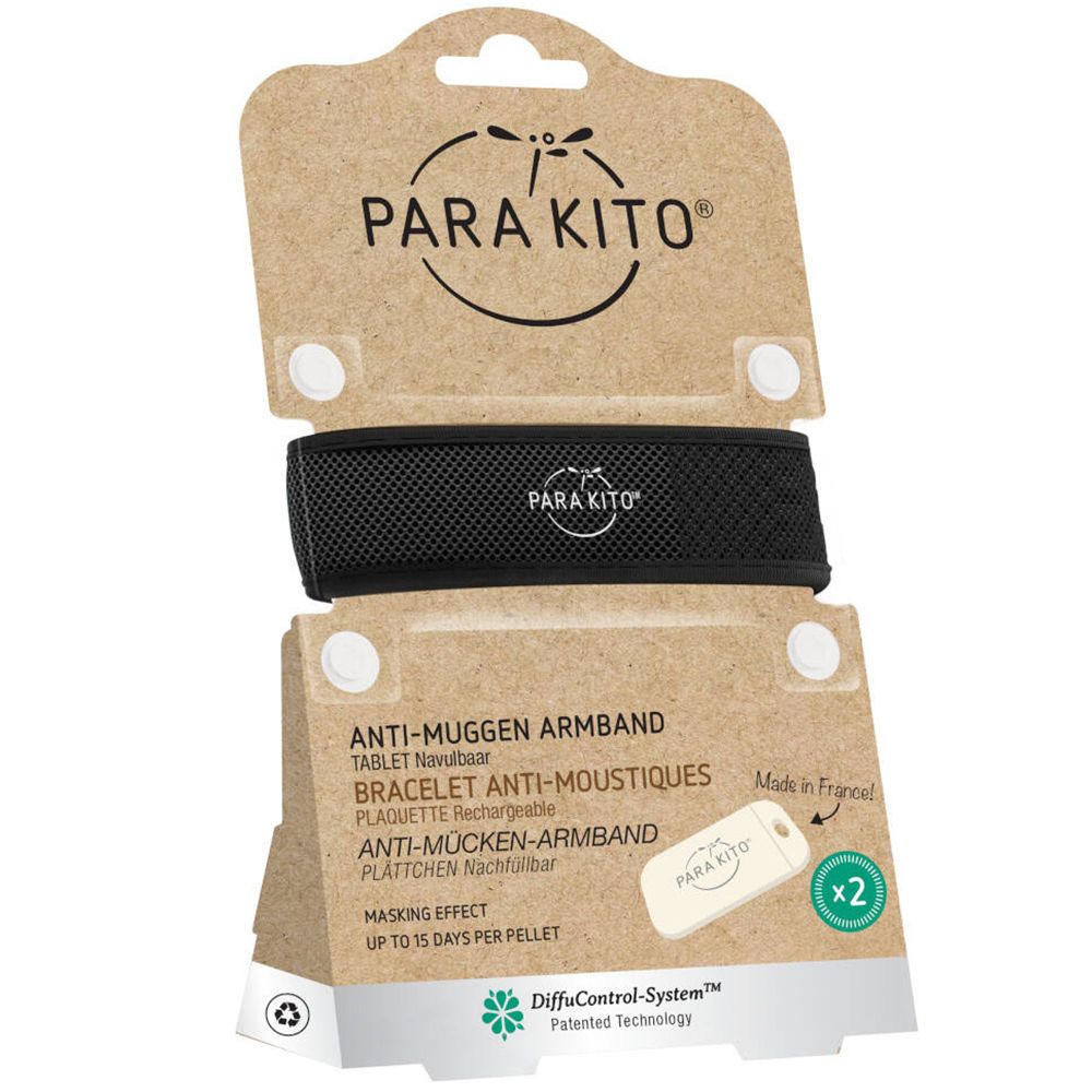 Zwart anti-muggen armband met logo en verpakking. Bevat twee navullingen. Tekst: Masking effect tot 15 dagen per pellet.