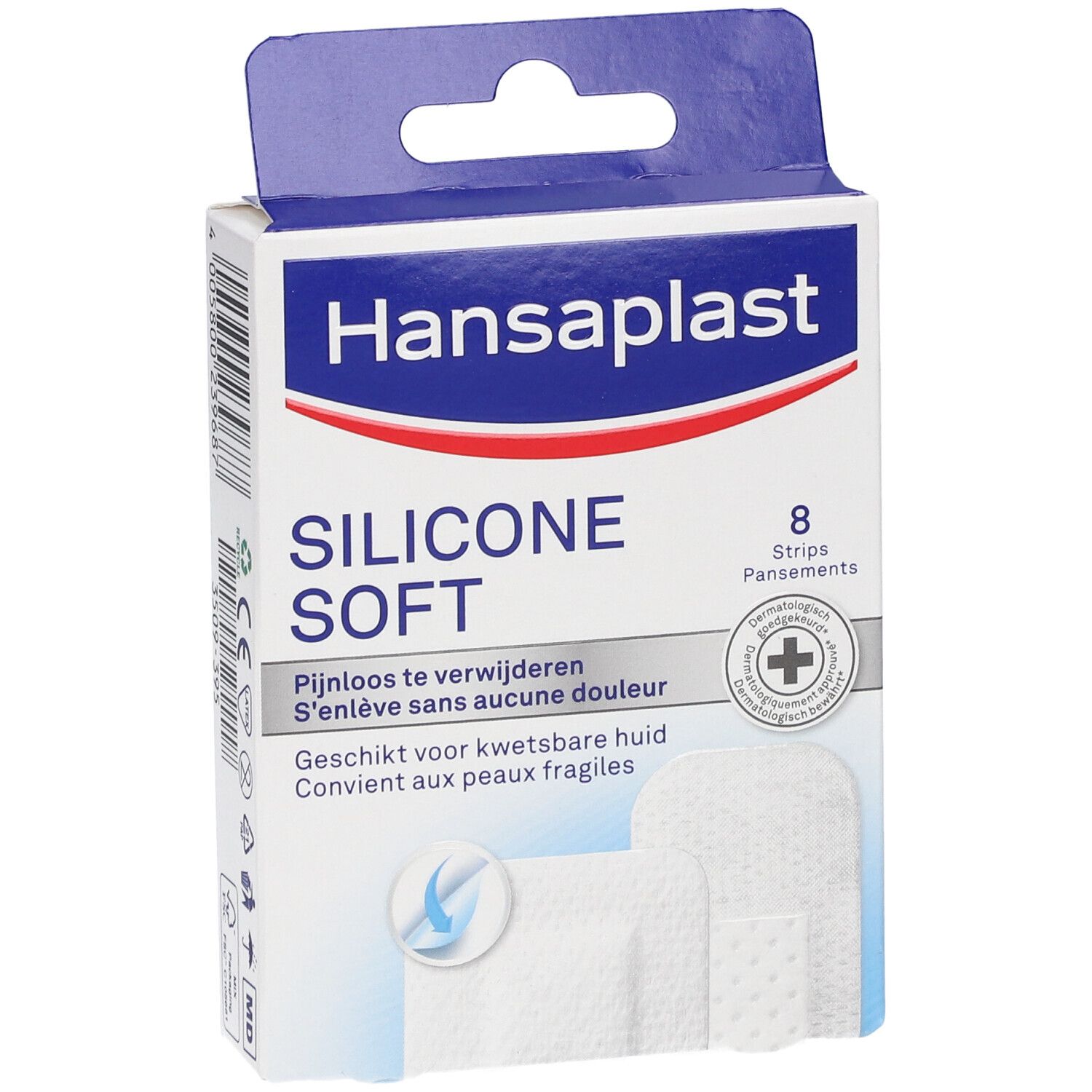 Boîte de pansements Hansaplast Silicone Soft. Contient 8 pansements. Visible : nom du produit, logo et caractéristiques.