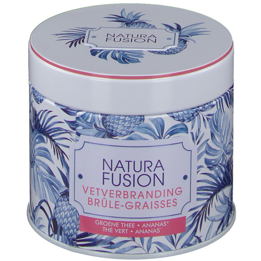 Ronde doos met blauw blad- en ananaspatroon. Opschrift: Natura Fusion, vetverbranding. Deksel met logo.
