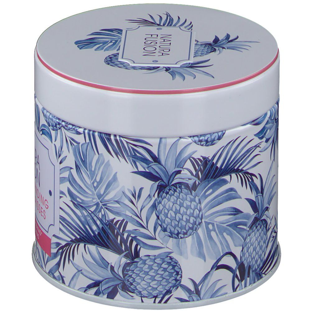 Ronde doos met blauw blad- en ananaspatroon. Opschrift: Natura Fusion, vetverbranding. Deksel met logo.