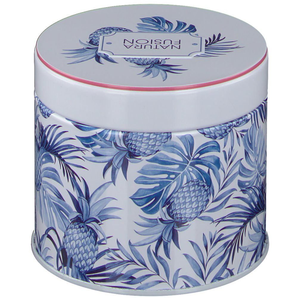 Ronde doos met blauw blad- en ananaspatroon. Opschrift: Natura Fusion, vetverbranding. Deksel met logo.