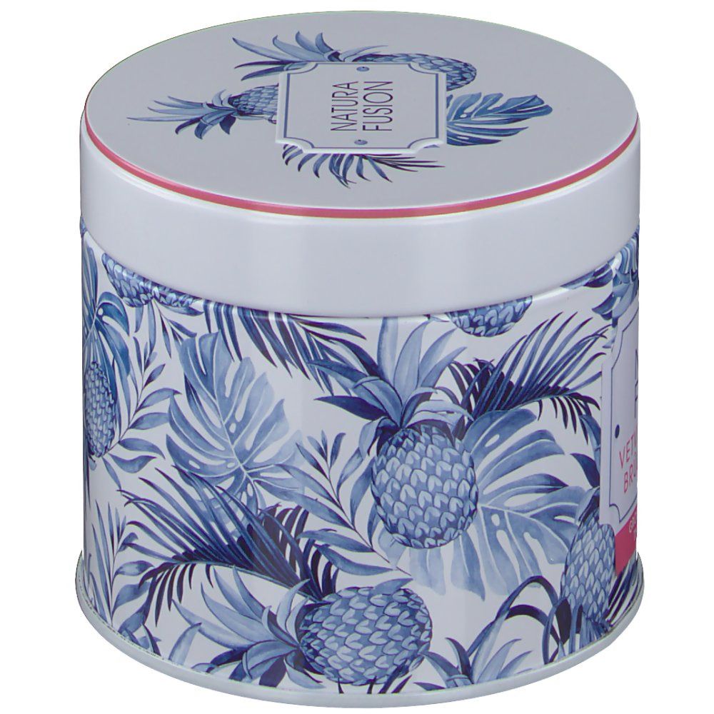 Ronde doos met blauw blad- en ananaspatroon. Opschrift: Natura Fusion, vetverbranding. Deksel met logo.