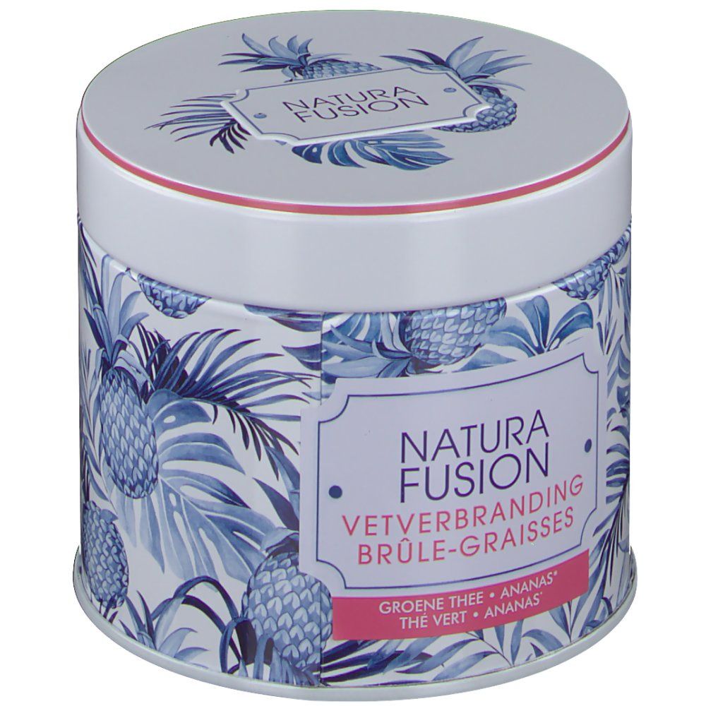 Ronde doos met blauw blad- en ananaspatroon. Opschrift: Natura Fusion, vetverbranding. Deksel met logo.