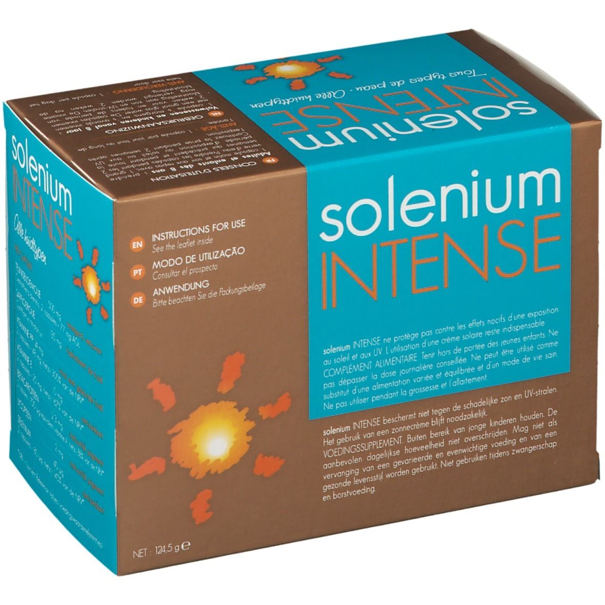 Kartonverpackung von Solenium INTENSE. Enthält Anweisungen zur Verwendung in Englisch, Spanisch und Französisch. Enthält auch Warnhinweise.
