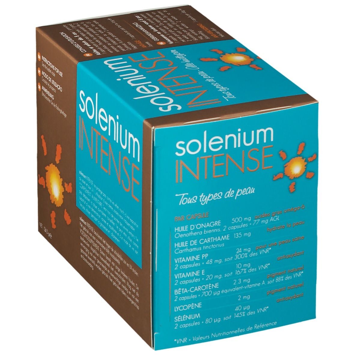 Kartonverpackung von Solenium INTENSE. Enthält Inhaltsstoffe wie Teunisbloemolie, Saffloerolie, Vitamine PP, E, Beta-Caroteen, Lycopeen, Selenium.