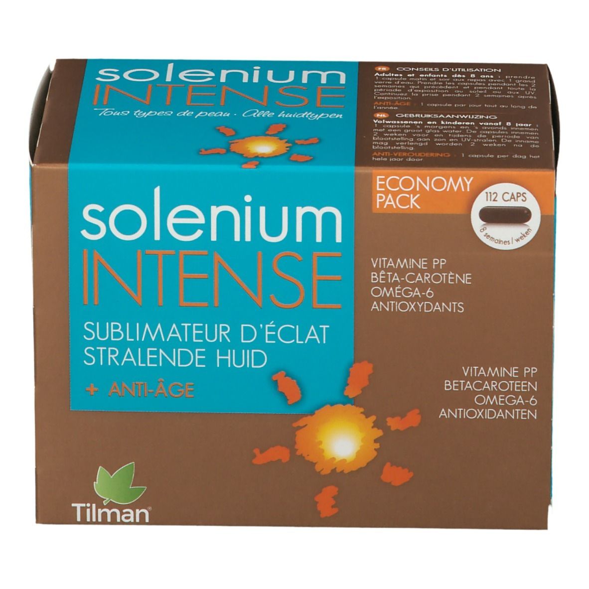 Kartonverpackung von Solenium INTENSE. Enthält 112 Kapseln. Aufschrift: strahlende Haut + Anti-Age. Enthält Vitamin PP, Beta-Carotin, Omega-6, Antioxidantien.