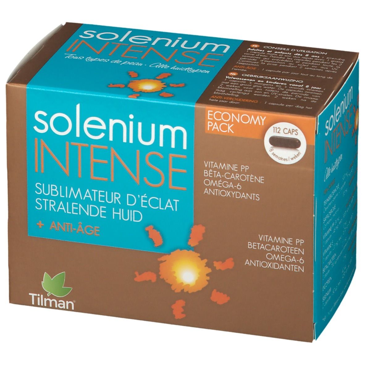 Kartonverpackung von Solenium INTENSE. Enthält 112 Kapseln. Aufschrift: strahlende Haut + Anti-Age. Enthält Vitamin PP, Beta-Carotin, Omega-6, Antioxidantien.