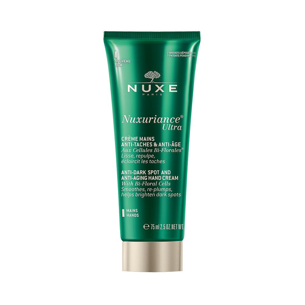 Tube vert avec texte blanc. NUXE, Nuxuriance Ultra, Crème Mains Anti-Taches & Anti-Âge. 75 ml.