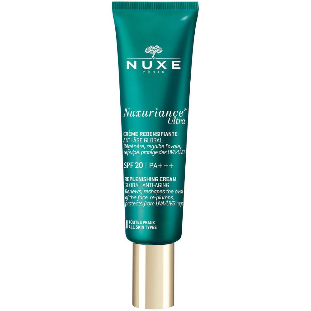 Tube vert avec bouchon doré. Contient NUXE Nuxuriance Ultra Crème. Texte: SPF 20 PA+++. Pour tous types de peau.