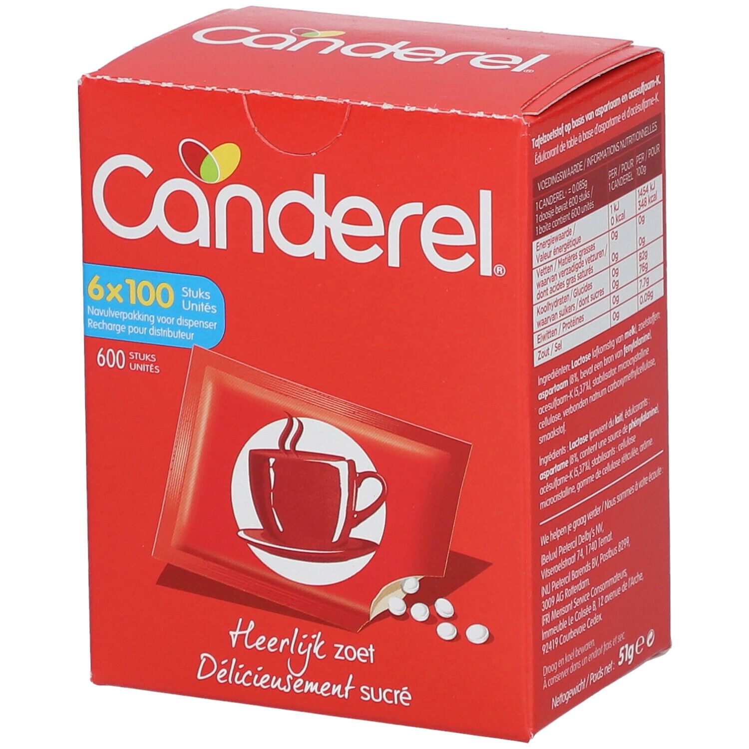 Boîte rouge CANDEREL® avec 600 unités. Inscription : 6x100 pièces. Illustration d'une tasse et de comprimés édulcorants.
