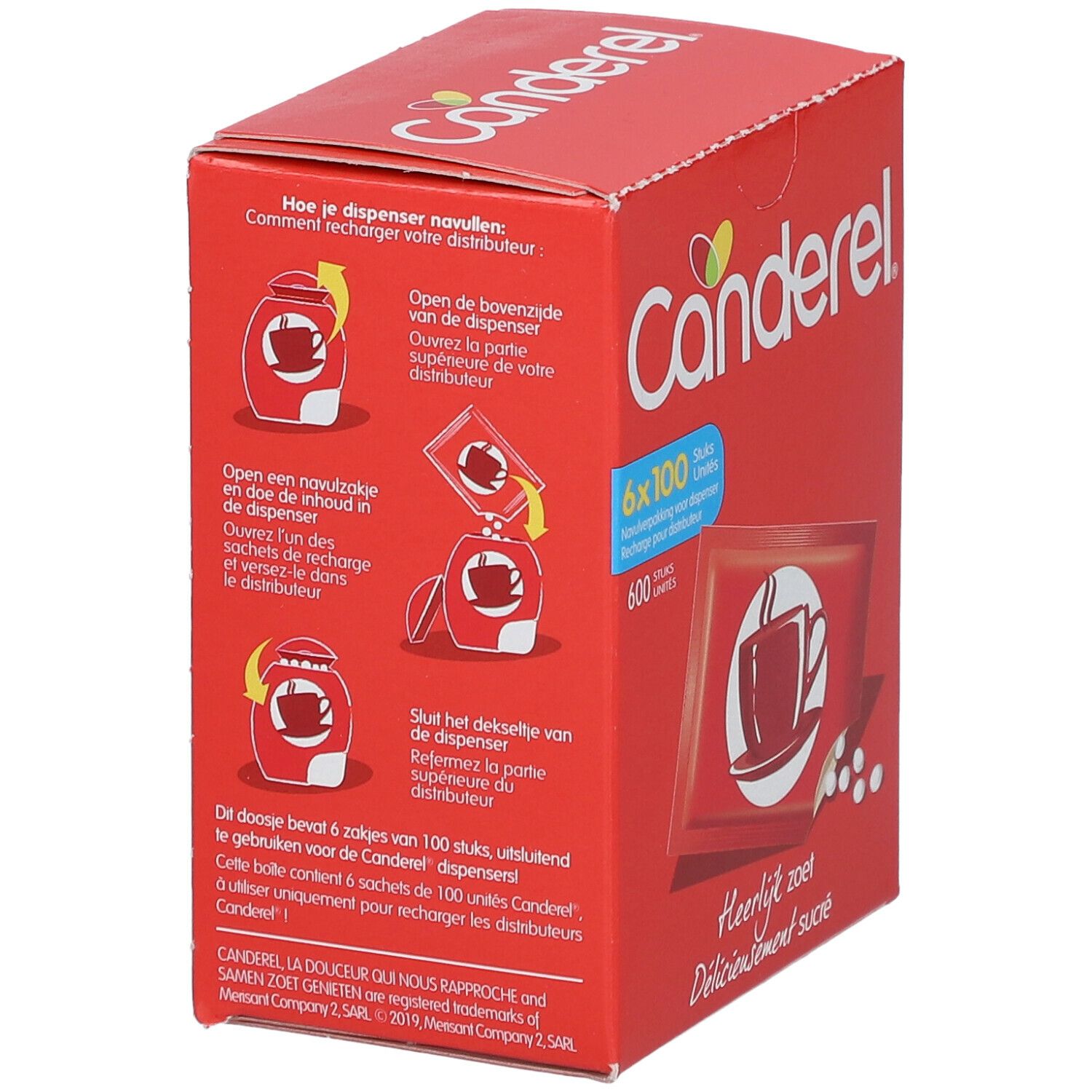 Boîte rouge CANDEREL®. Inscription : 6x100 pièces. Instructions d'utilisation. Illustration d'une tasse et de comprimés édulcorants.