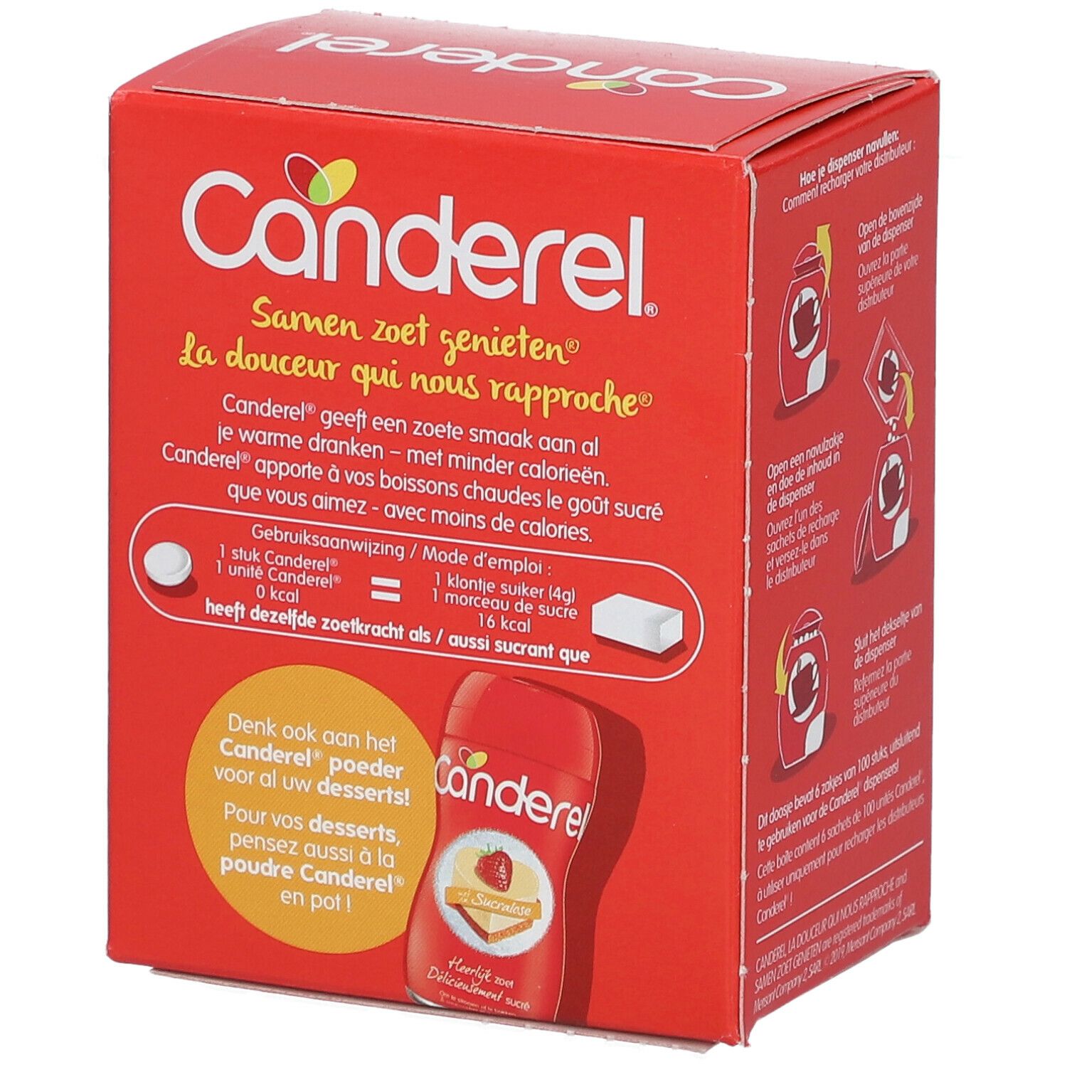 Boîte rouge CANDEREL®. Inscription : 6x100 pièces. Informations d'utilisation et comparaison avec le sucre. Illustration d'une tasse.