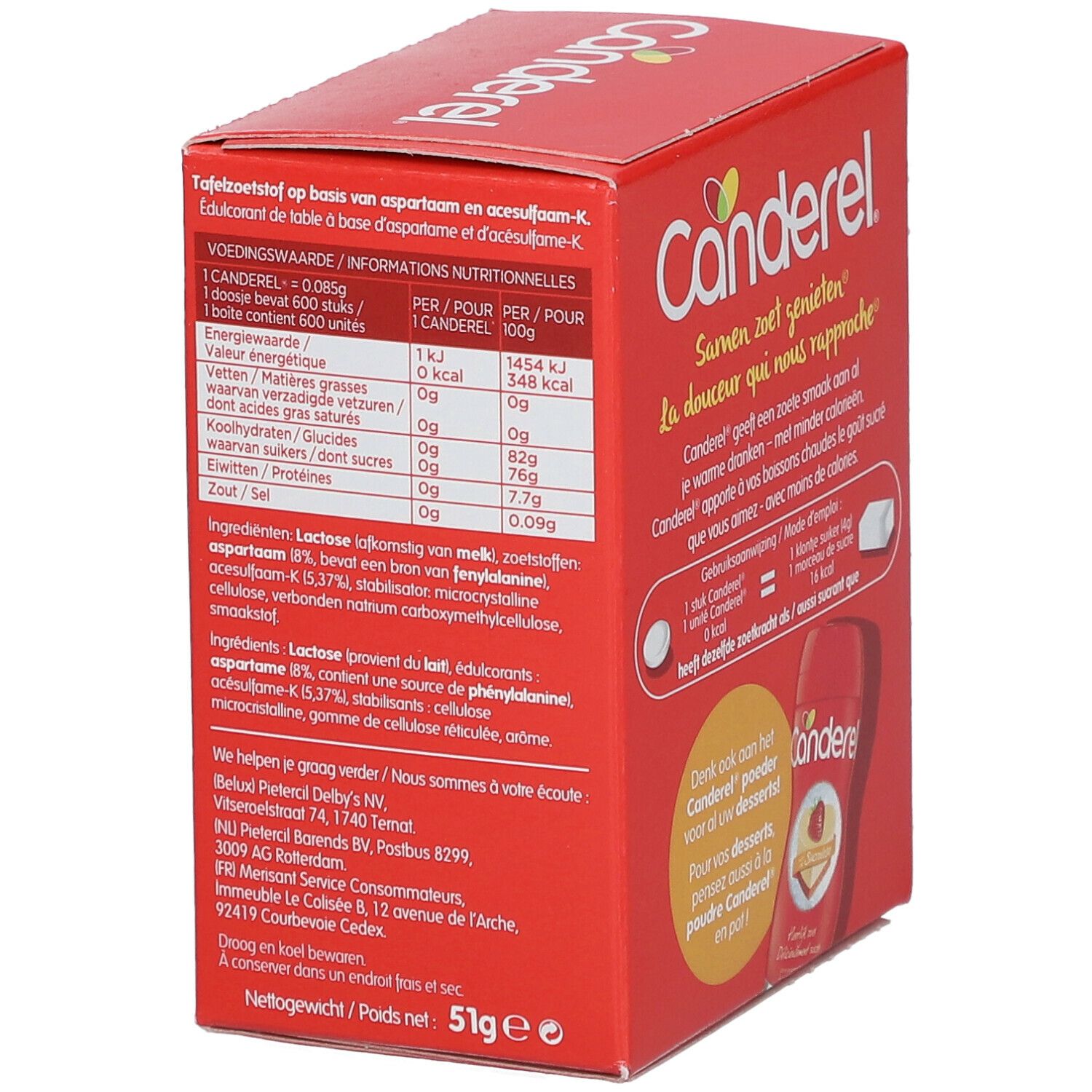 Boîte rouge CANDEREL®. Informations nutritionnelles et liste des ingrédients. Inscription : 6x100 pièces. Illustration d'une tasse.