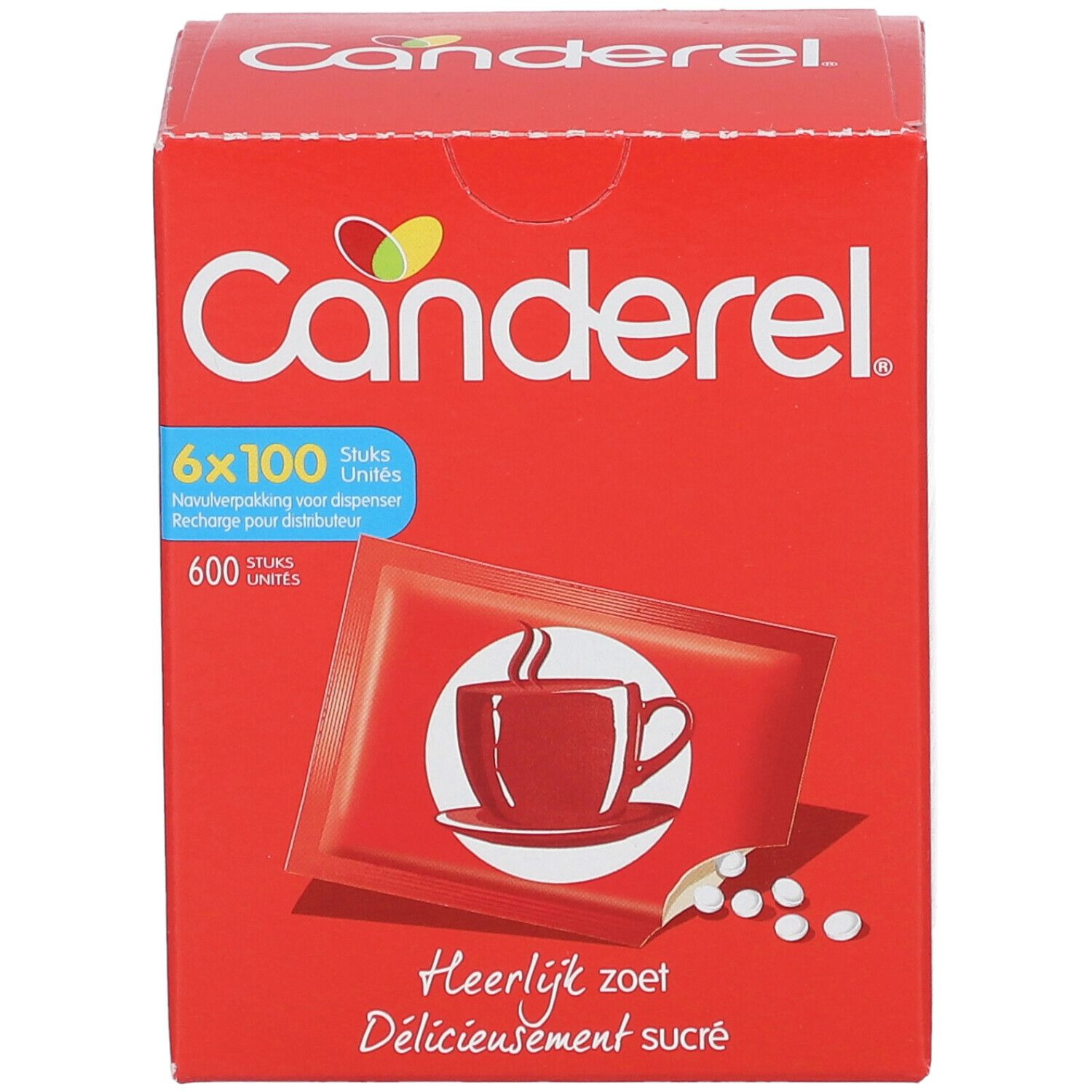 Boîte rouge CANDEREL® avec 600 unités. Inscription : 6x100 pièces. Illustration d'une tasse et de comprimés édulcorants.
