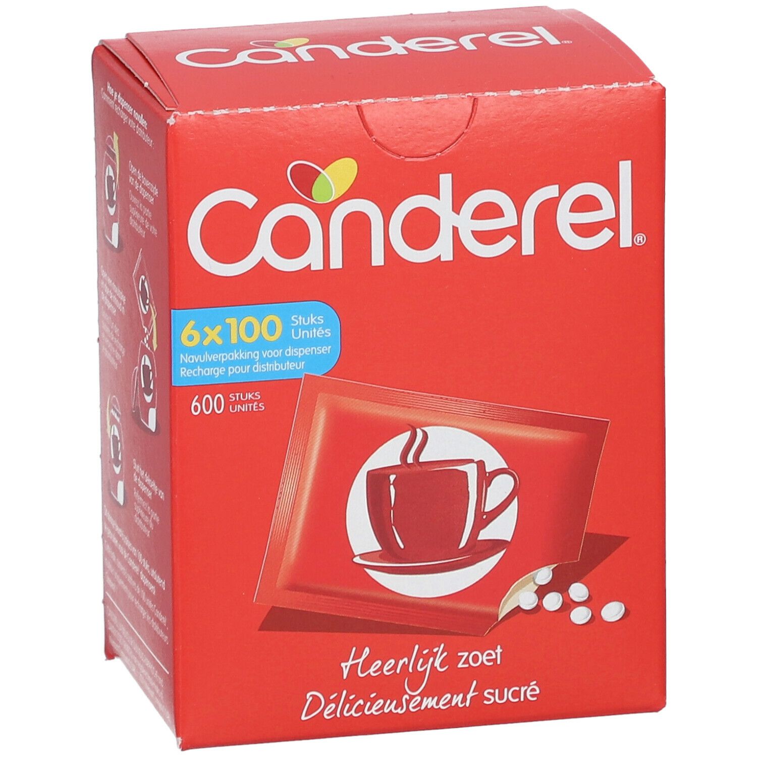 Boîte rouge CANDEREL® avec 600 unités. Inscription : 6x100 pièces. Illustration d'une tasse et de comprimés édulcorants.