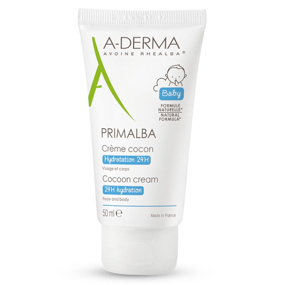 Witte tube A-DERMA PRIMALBA Crème cocon. Baby-illustratie en opschriften. 50 ml.