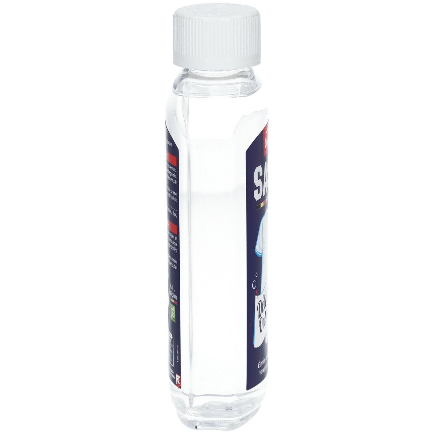 Transparante fles met witte dop. Zijaanzicht met etiket tekst. Productnaam Sassi.