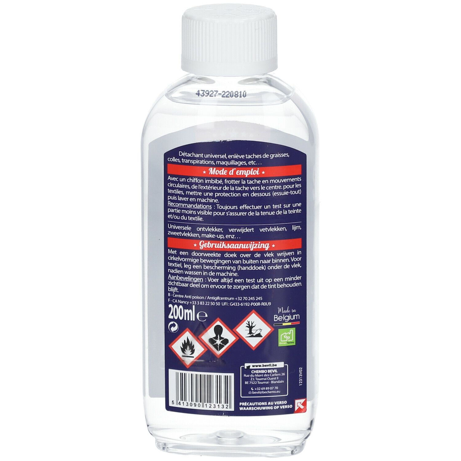 Achterkant van transparante fles met witte dop. Etiket met tekst en symbolen. 200ml.