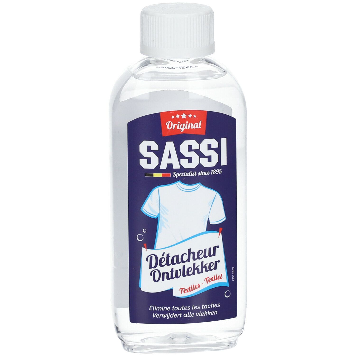 Transparante fles met witte dop. Etiket met naam Sassi en logo. Textielvlekverwijderaar.