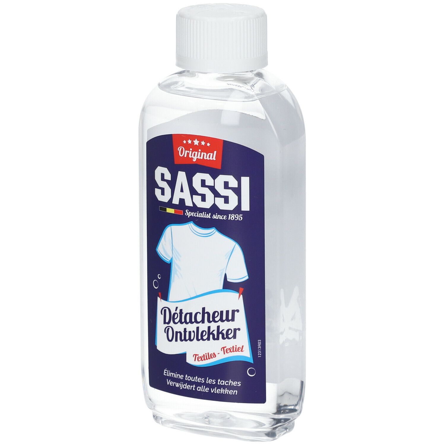 Transparante fles met witte dop. Etiket met naam Sassi en logo. Textielvlekverwijderaar.