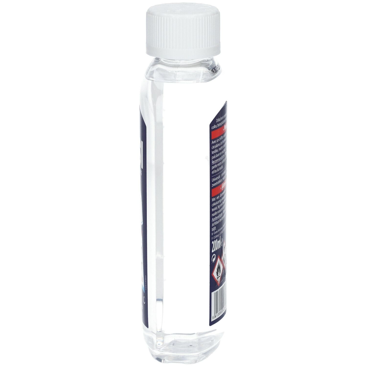 Transparante fles met witte dop. Zijaanzicht met etiket tekst. 200ml.