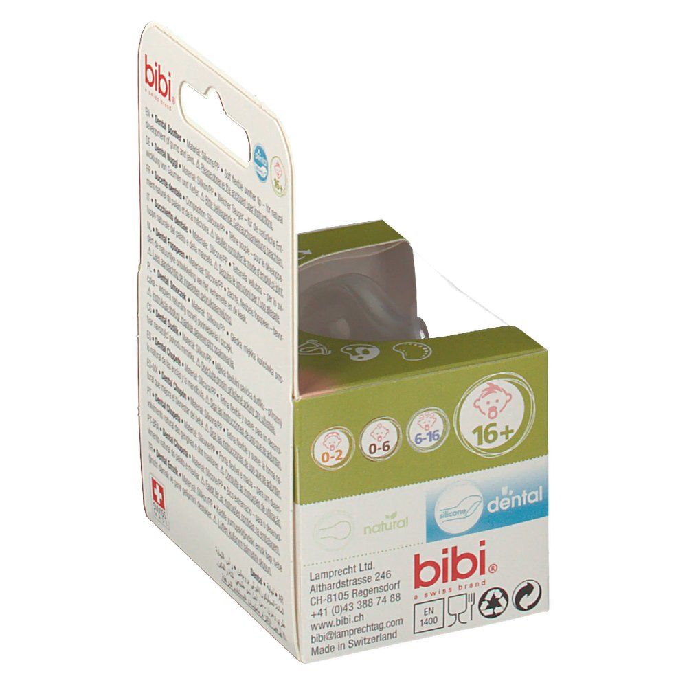 Emballage de sucette. Marque : bibi, Swiss Made. Convient aux 16+ mois. Fenêtre transparente.