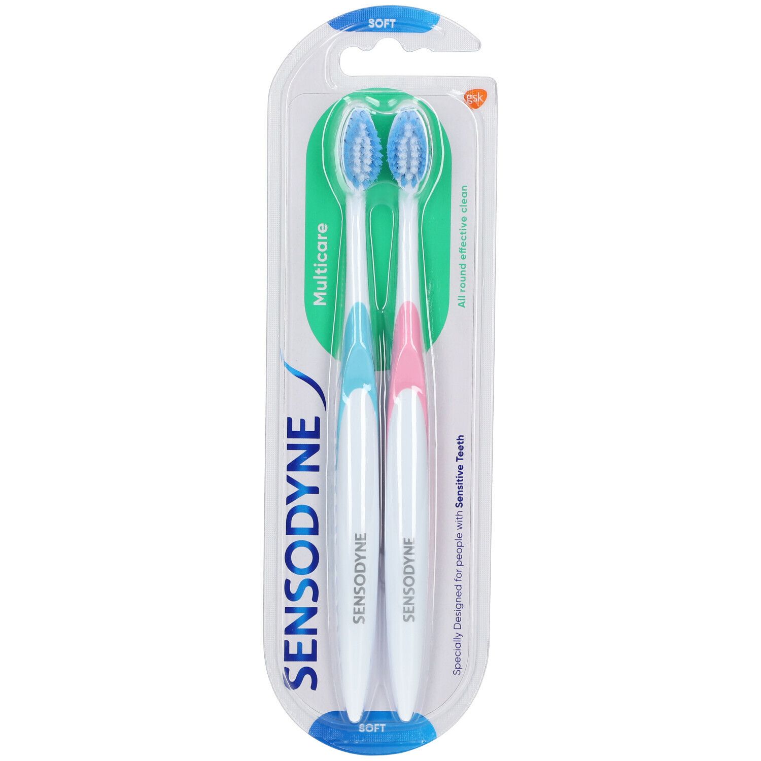 Deux brosses à dents en blister. Manches bleus et roses. Inscription : Sensodyne MultiCare Soft.
