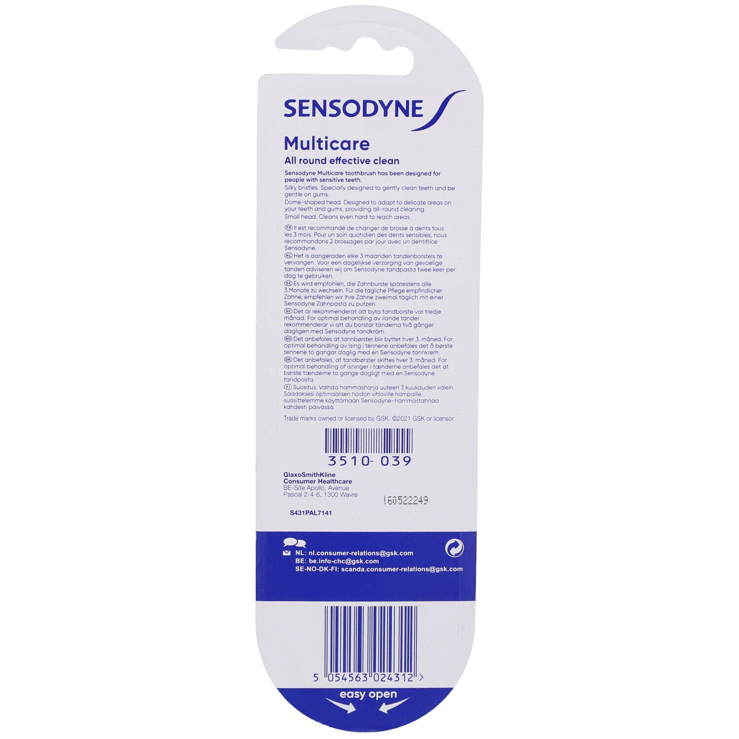 Dos de l'emballage blister avec informations produit et code-barres. Inscription : Sensodyne MultiCare.