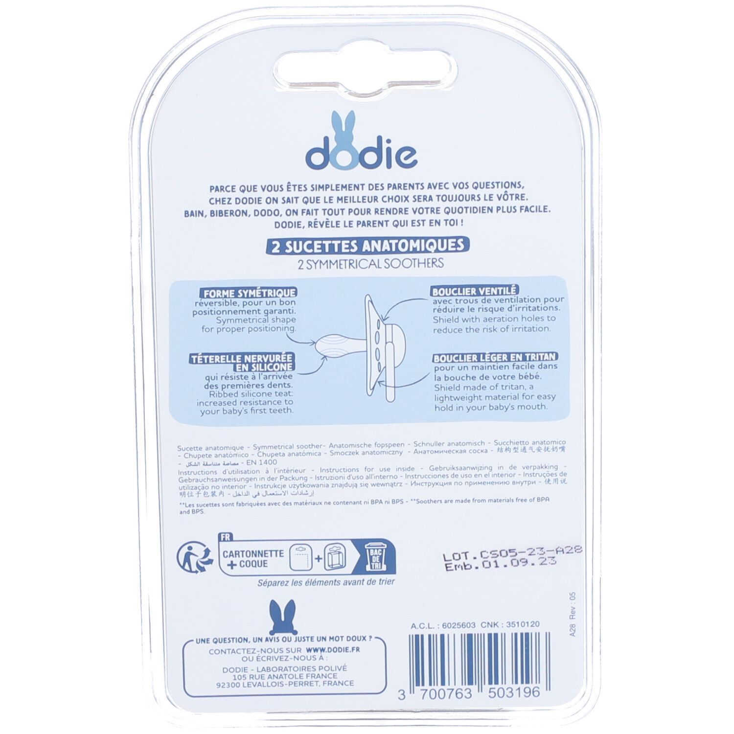 Rückseite der Blisterverpackung mit Produktinformationen. Text: Dodie, 2 anatomische Schnuller, Form, Sauger, Schild.