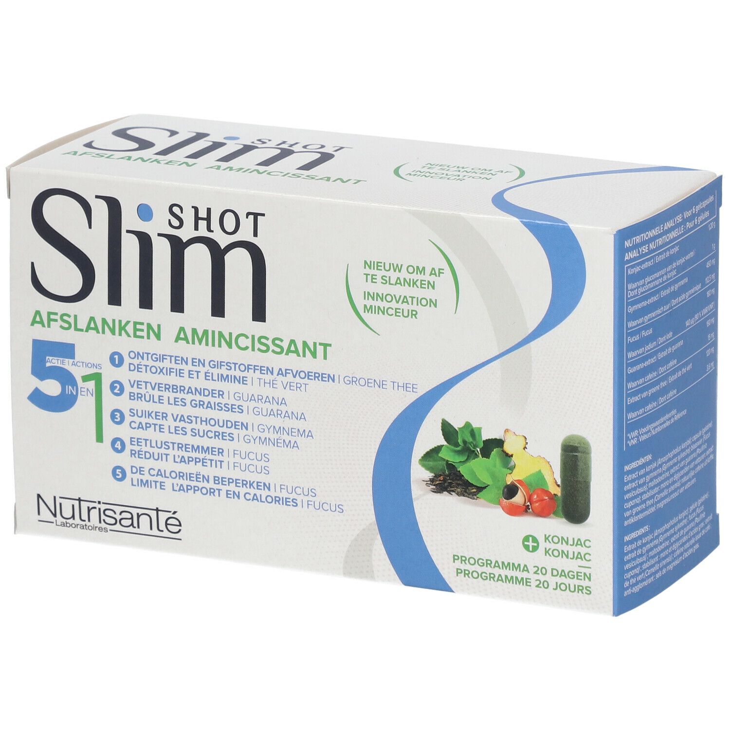 Boîte de SlimSHOT Abnehmen 5 in 1. Blanche et bleue, avec nom et ingrédients. Contient 20 portions quotidiennes.