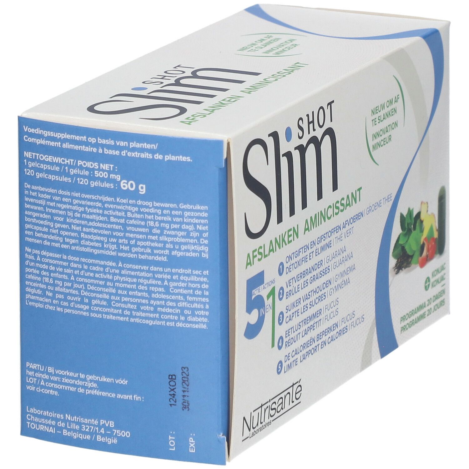 Boîte de SlimSHOT Abnehmen 5 in 1. Blanche et bleue, avec nom et ingrédients. 120 gélules, 60g.