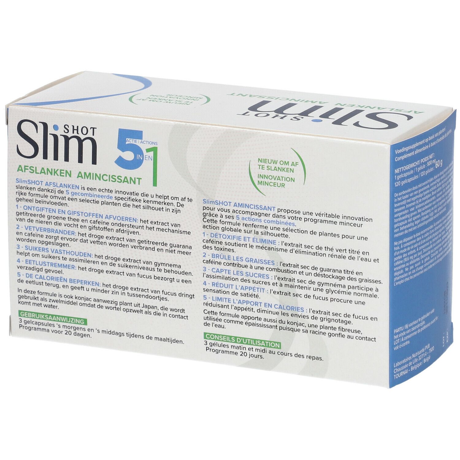 Boîte de SlimSHOT Abnehmen 5 in 1. Blanche et bleue, avec nom et ingrédients. Texte en allemand et français.