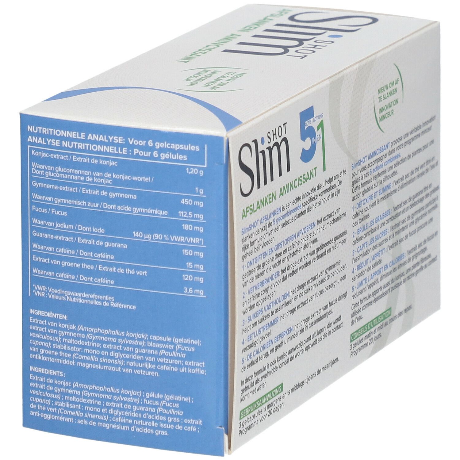 Boîte de SlimSHOT Abnehmen 5 in 1. Blanche et bleue, avec nom et ingrédients. Analyse nutritionnelle pour 6 gélules.
