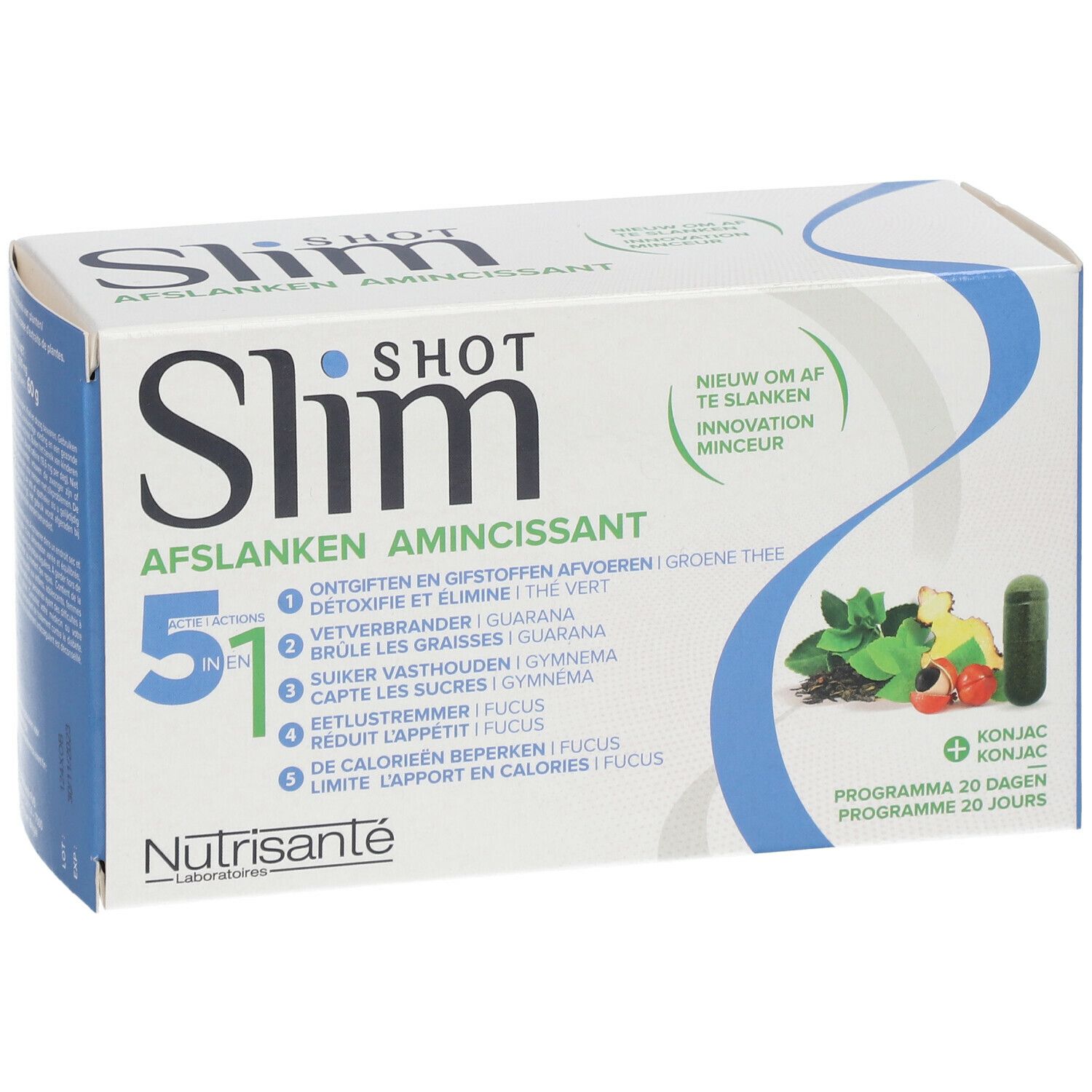 Boîte de SlimSHOT Abnehmen 5 in 1. Blanche et bleue, avec nom et ingrédients. Contient 20 portions quotidiennes.